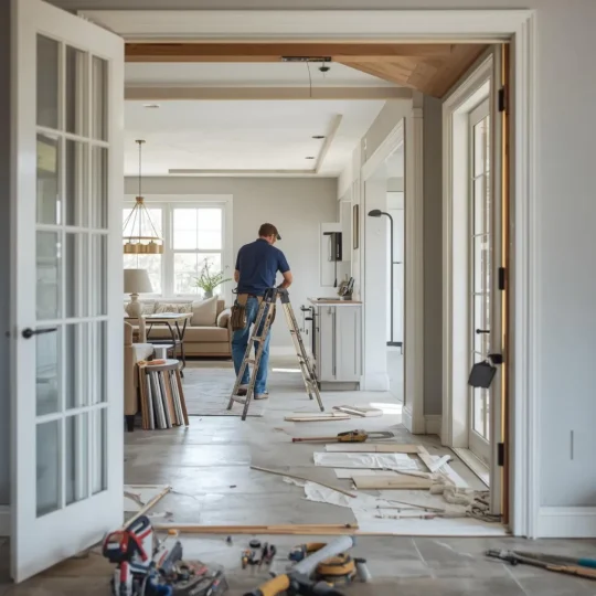 Contractor working on a ladder in a home during interior remodeling with tools and materials on the floor
