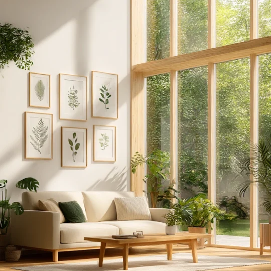 Bright living room with beige sofa, large windows, framed art, and green plants showcasing daylight living room remodeling.