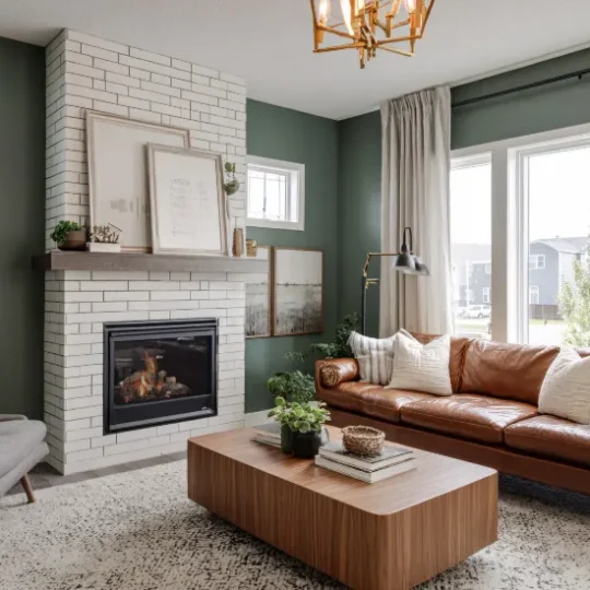 Cozy living room with brown leather couch, white brick fireplace, and green wall, showcasing modern living room remodeling.