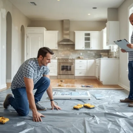 Coppell remodeling contractors measuring and inspecting job site during kitchen renovation, using tools and checklist