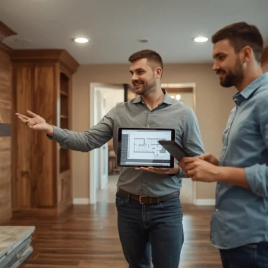 Fort Worth remodeling contractors discussing renovation plans in finished home interior, holding tablet with floor plan