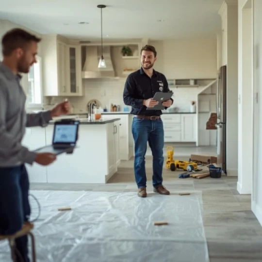 Texas Pro Remodeling team in McKinney, TX reviewing a home renovation with tablet and checklist in a bright kitchen remodel