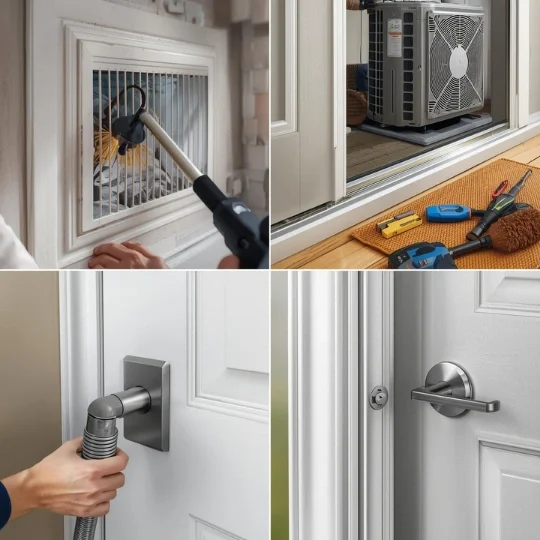 Combined HVAC and locksmith services collage with vent cleaning, mini split installation, vacuum hose, and door lock repair