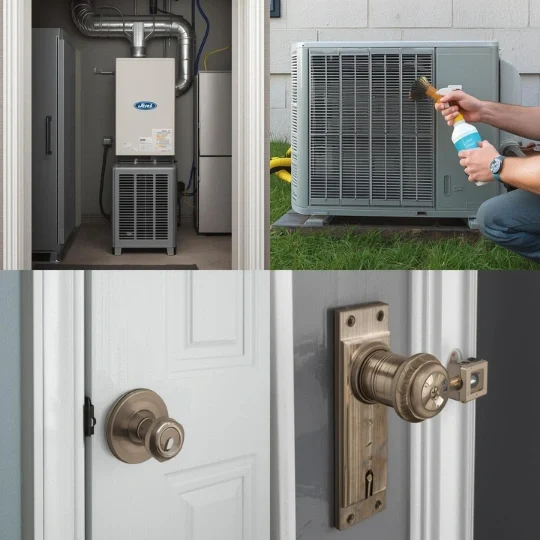HVAC and home security upgrades in Dallas, TX with indoor air handler, outdoor AC unit cleaning, and new door lock hardware