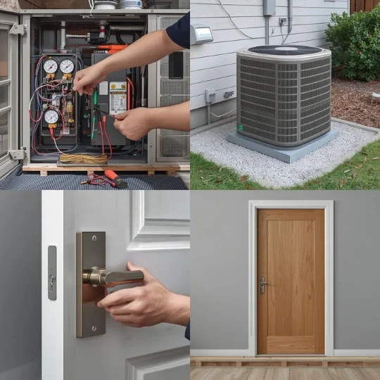 Home upgrade services including HVAC maintenance, AC condenser unit, door lock repair, and interior door replacement in Richardson TX