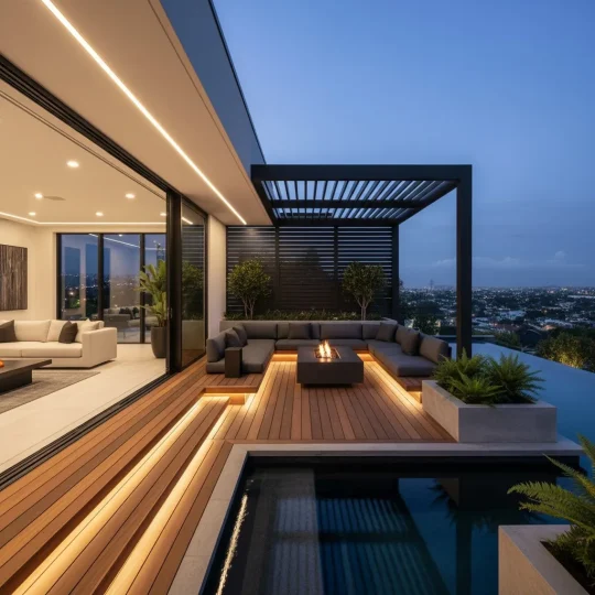 Modern outdoor terrace at dusk with seating, fire pit, and pool overlooking city skyline, showcasing aesthetic outing remodeling.