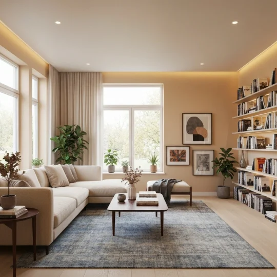 Cozy modern living room with beige couch, coffee table, plants, bookshelf, and natural light.
